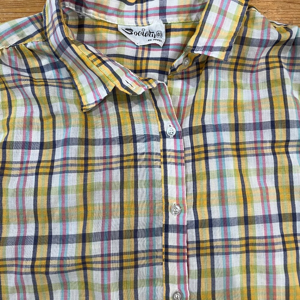 60s Vintage Yellow Plaid Button Front Short-Sleeved Housewife Blouse